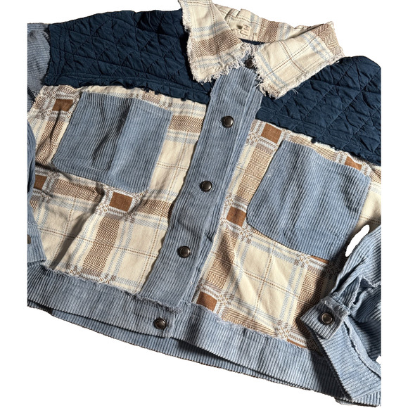 POL Corduroy Jacquard Patchwork Button Up Jacket Large Powder Sky Blue Multi - Picture 3 of 11